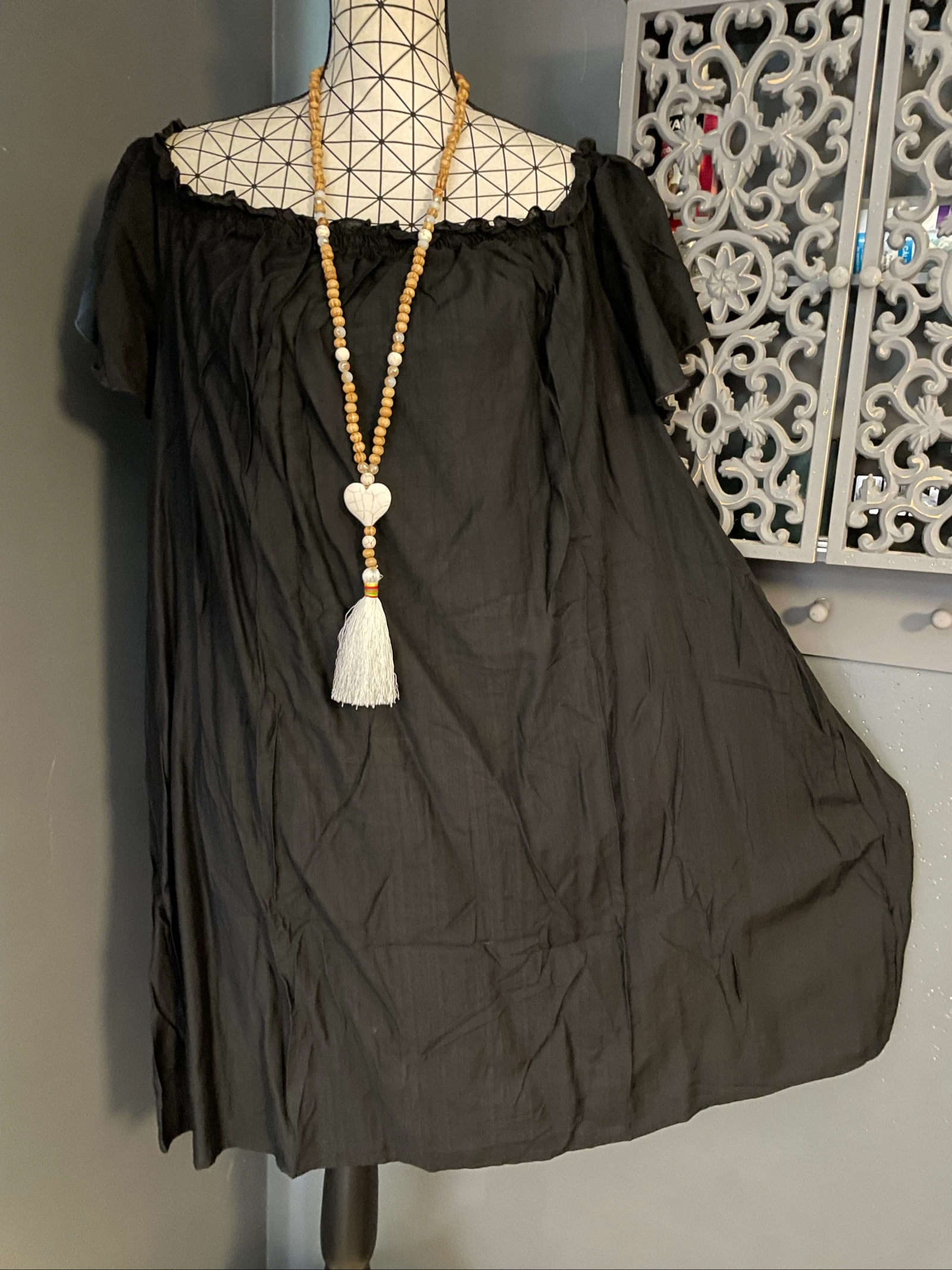 💖 vloeiende zwarte jurk met blote schouders, bohemien, grote maat 50, ruches mouwen 💖 – photo 2